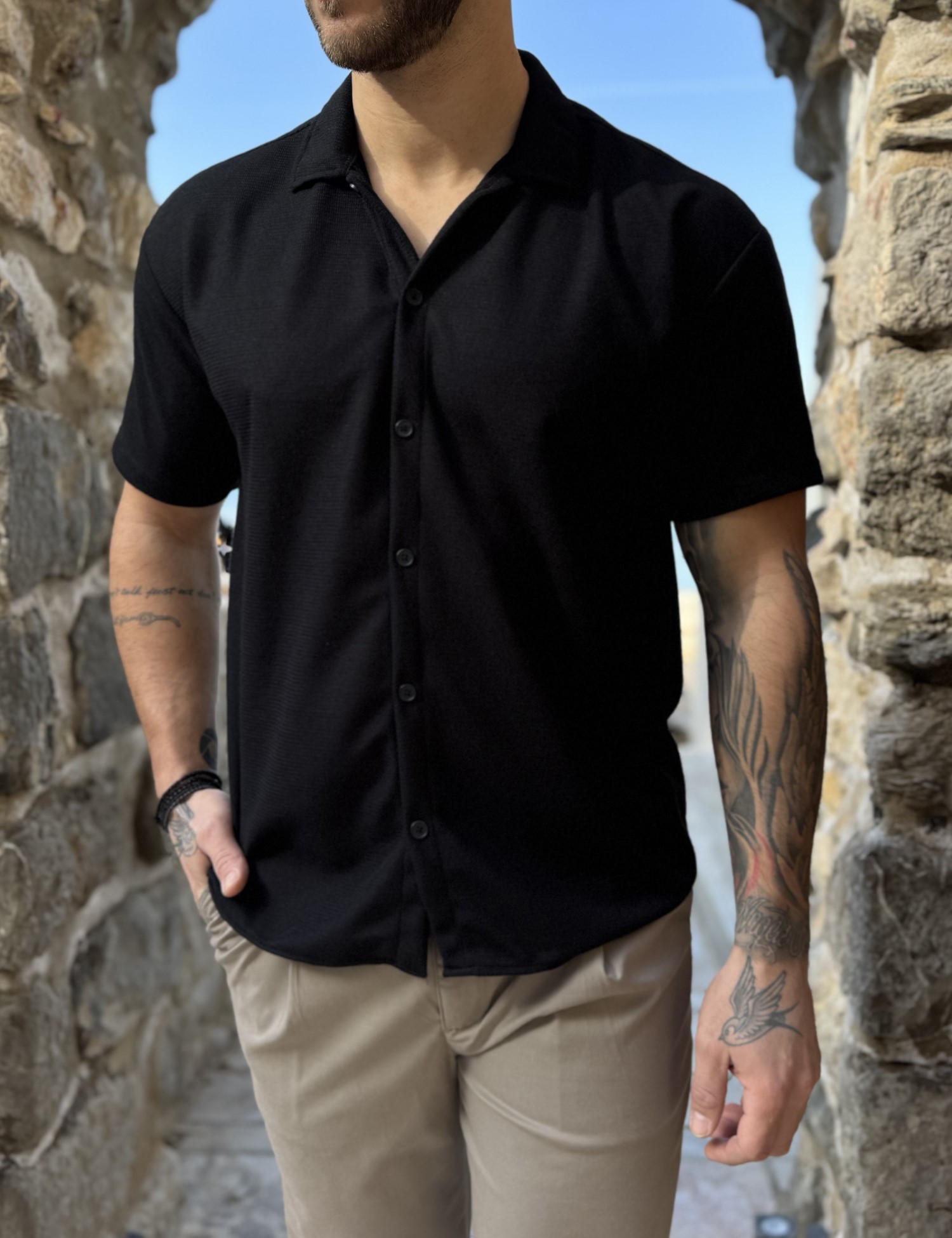 RMZ Ανδρικό πλεκτό μαύρο κοντομάνικο πουκάμισο RMZ19134M